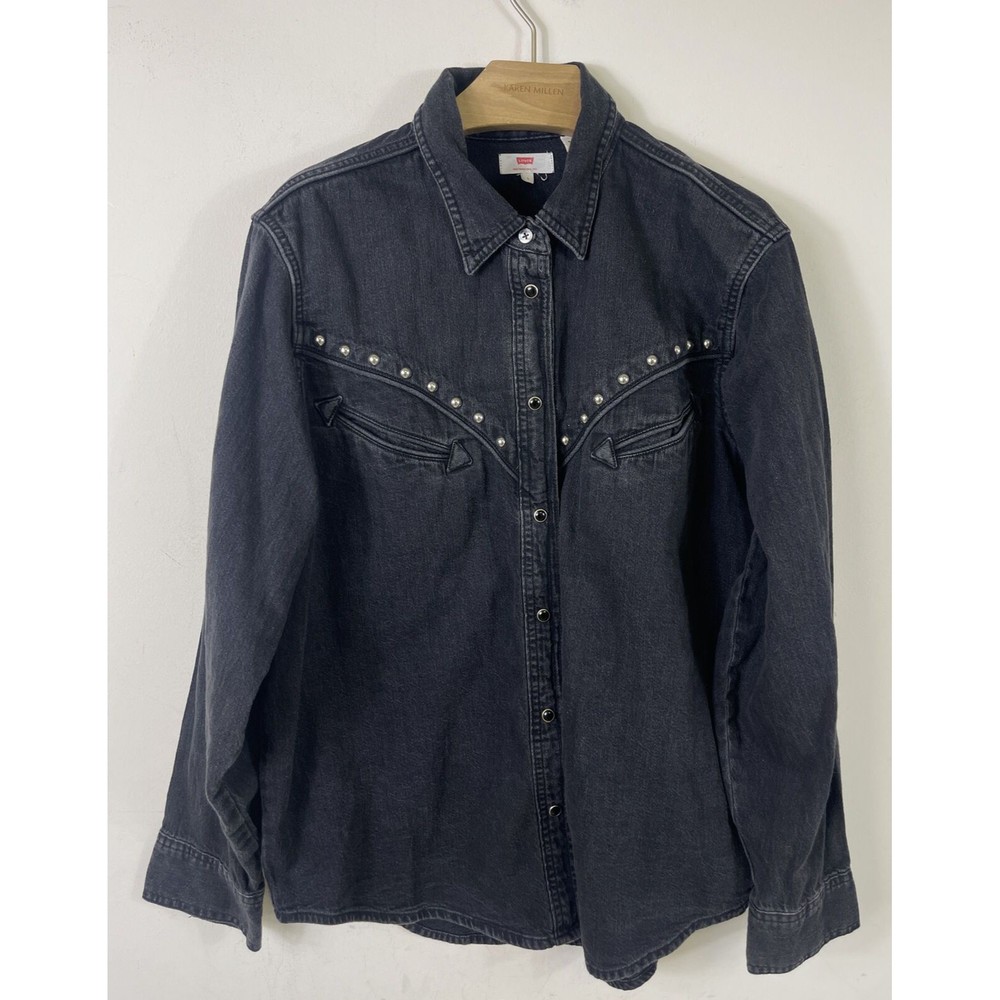 Levi's Women Denim Pearl Snap Western Shirt Long Sleeve Black Size Large L